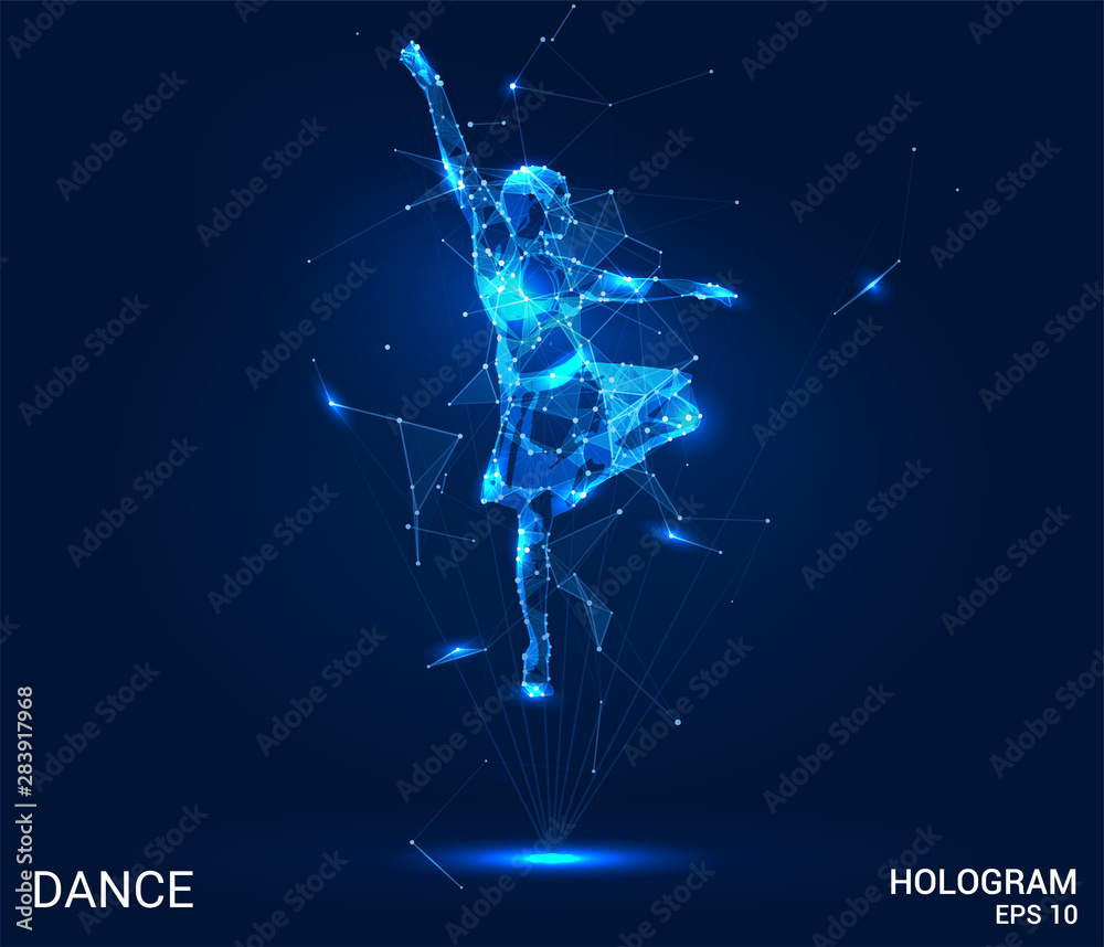 Hologram dance. Dancer from polygons, triangles points and lines. Dance lowpoly connection structure. Technology concept. - obrazy, fototapety, plakaty 