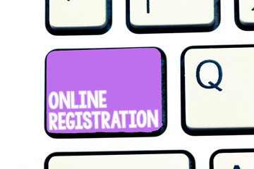 Poster - Writing note showing Online Registration. Business photo showcasing Process to Subscribe to Join an event club via Internet.