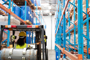 Wall Mural - Female staff driving forklift in warehouse