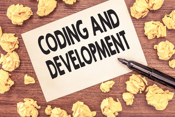 Conceptual hand writing showing Coding And Development. Business photo showcasing Programming Building simple assembly Programs.