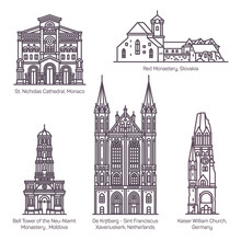 Set Of Thin Line Old European Churches. Religion