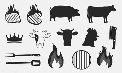 Wall Mural - BBQ items set. Barbecue design elements. Steak, Pig and Cow silhouettes, crown. Cow, beef and Hen heads. Vector illustration