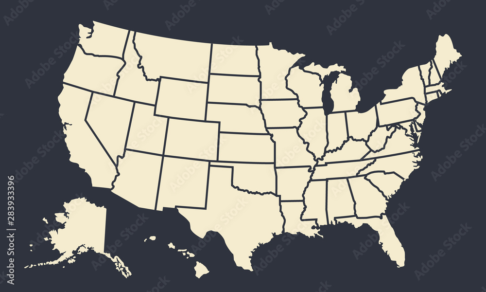USA map with states isolated on a black background. United States of ...