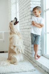 Children with a dog. Little boy at home with a dog. 