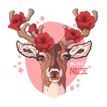 Vector Sketching Illustrations. Portrait Of Deer With Poppies.