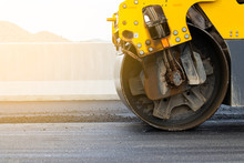 Asphalt Road Surface Is Smoothed With Steel Wheels, Road Construction Machinery, Asphalt Paver