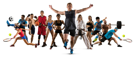 Sport collage. Running, soccer, fitness, bodybuilding, tennis, fighter and basketball players