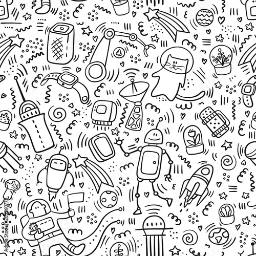 seamless-pattern-space-doodles-outline-robot-and-technic-doodles-future-concept-with-astronaut-planets-spaceships-stars-planets-robots-plants-cat-universe-concept-astronaut-doodle-set-of-sp