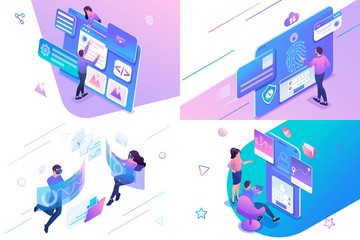 Poster - Set isometric on the topic of web design, information security, mobile application testing, alternative reality. For website and mobile website development