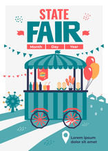 Vector Detail Illustration Of State Fair. Event Poster With Food Market, Ferris Wheel,fast Food Store On Wheels,cart With Drink,burger, Pizza, Popcorn. Template With Date And Place For Banners, Prints