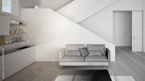 Architect Interior Designer Concept Unfinished Project That Becomes Real Minimalist Modern Kitchen In Open Space With Staircase Living Room Modern Interior Design Concept Idea Buy This Stock Illustration And Explore Similar