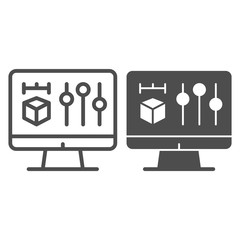 Poster - 3D project on monitor line and glyph icon. 3d design on computer vector illustration isolated on white. 3d print project on pc outline style design, designed for web and app. Eps 10.