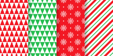 Wall Mural - Christmas seamless pattern. Holiday background. Vector. Xmas, New year textures with tree, triangle, snowflake and candy cane stripe. Set festive geometric textile prints. Red green illustration