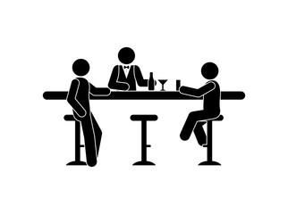 people at the bar, bartender at the bar, stick figure human silhouettes, simple flat illustration, drinks in glass and bottle, man icon