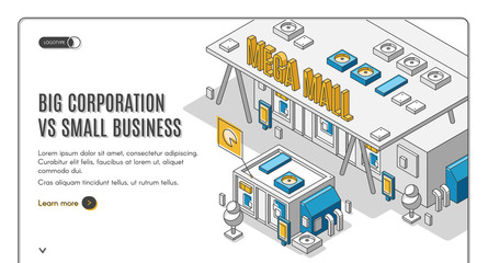 Big corporation vs small business isometric web banner, huge mega mall building stand nearby of little private store, corporate competition and domination concept, 3d vector landing page, line art