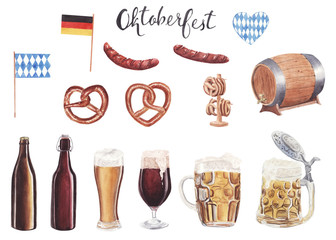 Hand drawn watercolor illustration set octoberfest design elements isolated on white background