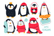 Hand drawn vector set of cute funny various penguins. Different clothing, various poses. Colored trendy illustration. Flat design. All elements are isolated