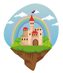 Sticker - cute medieval castle with flag and rainbow with clouds