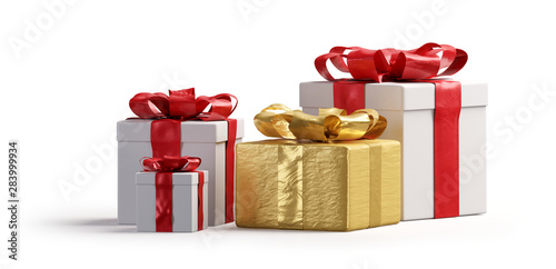 Fotomural red white and golden Christmas presents isolated 3d-illustration