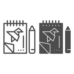 Poster - Notebook with project and pencil line and glyph icon. Notepad with drawn bird vector illustration isolated on white. Sketchbook outline style design, designed for web and app. Eps 10.