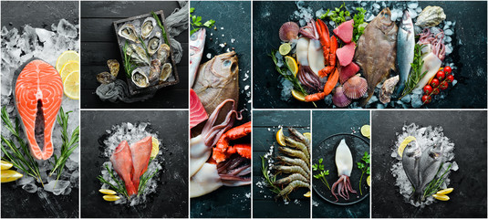 Photo collage. Seafood and raw fish on black stone background.