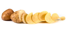 Potato Chips And Raw Potatoes On A White Background. A Portion Of Potato Chips And Raw Potatoes On A White Background
