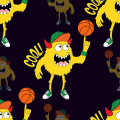 Canvas Print - Cute kids monster pattern for girls and boys. Colorful basketball monster on the abstract bright background. The monster pattern is made in bright colors. Urban kids pattern for textile and fabric