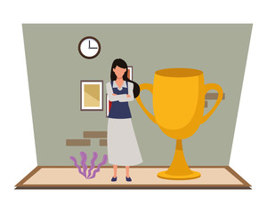 Canvas Print - Executive businesswoman with big trophy cup