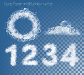 Wall Mural - Set of numbers and figures made out of soap foam and bubbles on transparent background. Vector illustration.