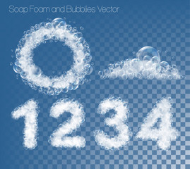 Canvas Print - Set of numbers and figures made out of soap foam and bubbles on transparent background. Vector illustration.