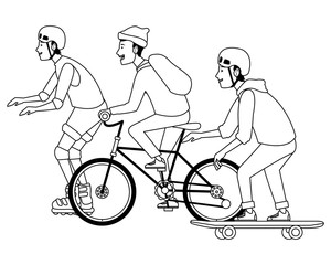 Sticker - Young peple with sakteboard, skates and bikes in black and white