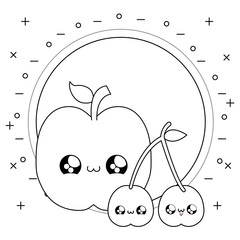 Poster - fresh apple with cherries fruits kawaii style