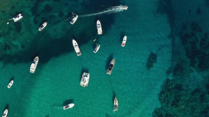 Wall Mural - View from above, stunning aerial view of the beautiful Cala Di Volpe bay full of boats and luxury yachts. A turquoise sea bathes the green and rocky coasts. Emerald Coast, Sardinia, Italy.