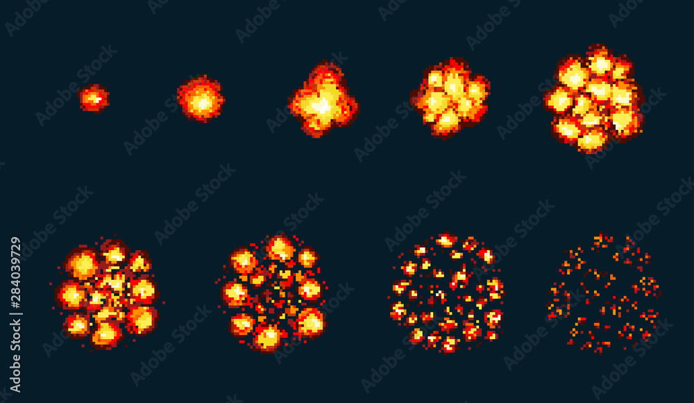 Pixel art explosion. Game icons set. Comic boom flame effects for ...