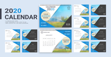 Desk Calendar 2020 template, 12 months and 13 template with cover included in A5 but easily to changeable to any layout or size and simply replace with your image background.