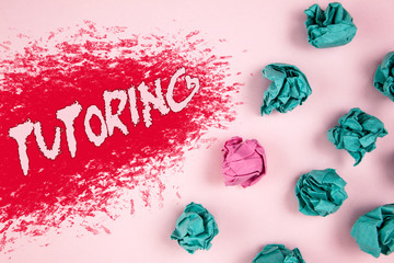 Poster - Writing note showing Tutoring. Business photo showcasing Mentoring Teaching Instructing Preparing Supporting Give lessons written Illustrated background Crumpled Paper Balls next to it.
