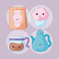 Sticker - set teapots with bag paper and cupcake kawaii