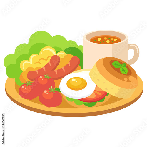 モーニングプレート サラダ スクランブルエッグ ウインナー トマト 卵 パンの朝食セット のイラスト Vector De Stock Adobe Stock