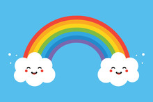 Cute And Colorful Cartoon Vector Illustration Of Rainbow And Two Happy Cloud Characters For Kids, Children Print Design.