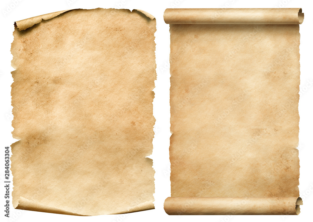Old worn paper sheet and scroll isolated on white - obrazy, fototapety, plakaty 