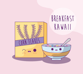 Poster - box and dish with cereal for breakfast kawaii style