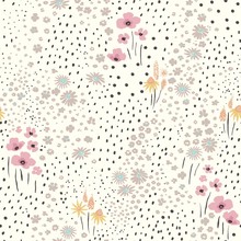 Wildflowers Scattered On Light Background, Seamless Floral Abstract Pattern With Flowers. Vector Meadow Hand Drawn Illustration In Vintage Style.