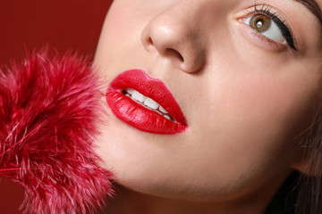 Canvas Print - Beautiful young woman with bright lipstick, closeup