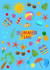 Wall Mural - Summer Time Color Elements Set on a Blue. Vector