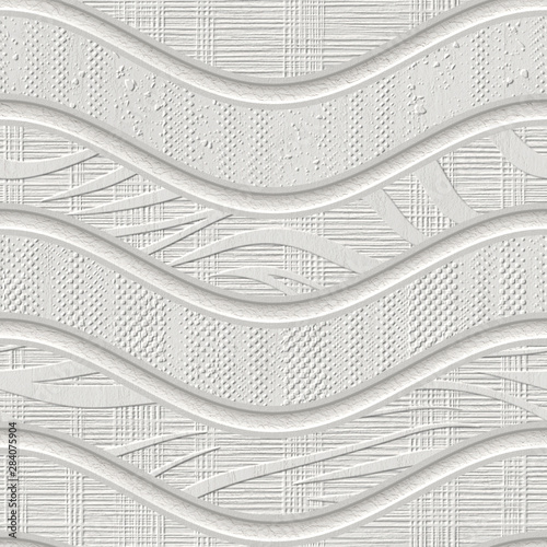 Naklejka dekoracyjna Waves pattern on carved grunge background seamless texture, patchwork pattern, white color, 3d illustration