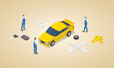 car service concept with team engineer technician mechanic with car and money as maintenance service with isometric modern flat style - vector