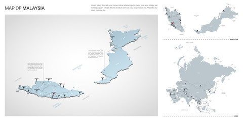  Vector set of Malaysia country.  Isometric 3d map, Malaysia map, Asia map - with region, state names and city names. 