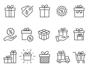 Gift box line icons set. Black vector illustration. Editable stroke.