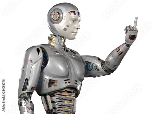 Cyborg showing middle finger in rude way meaning fuck off, side view of the upper body Cyborg showing middle finger in rude way meaning fuck off, side view of the upper body