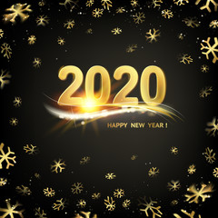 Wall Mural - 2020 New year background. Holiday label with fallen golden glitter confetti over black backdrop. Calendar design template.